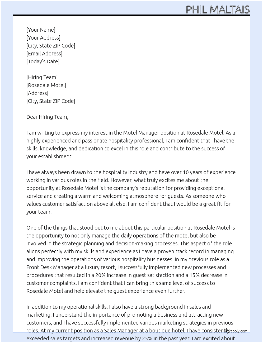 Motel Manager At Rosedale Motel Cover Letter