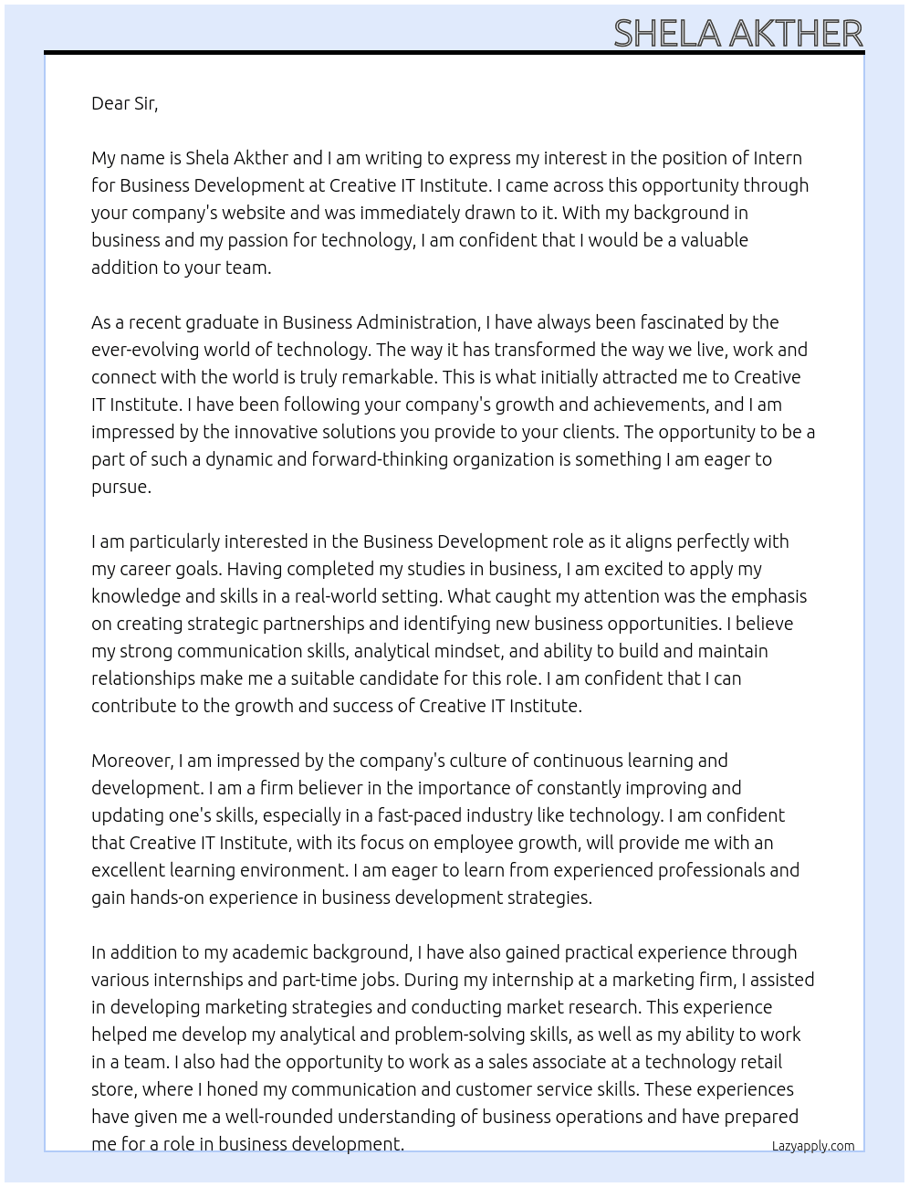 Intern for Business Development  At Creative IT Institute Cover Letter