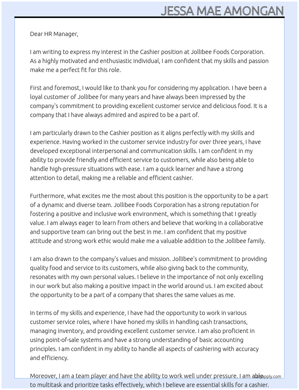 Jollibee Foods Corporation  At Cashier  Cover Letter