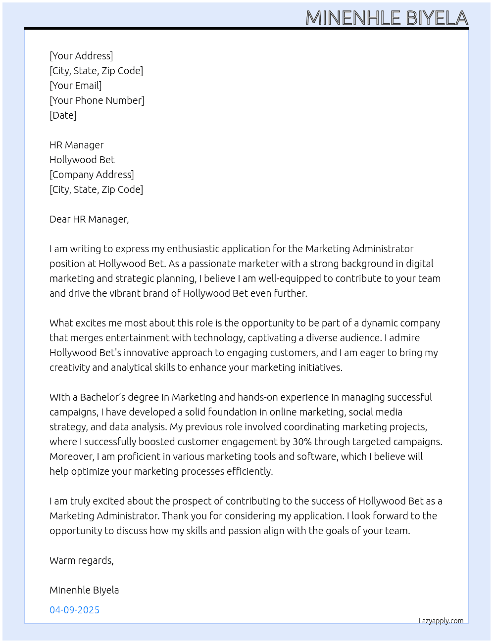Marketing Administrator At Hollywood bet Cover Letter
