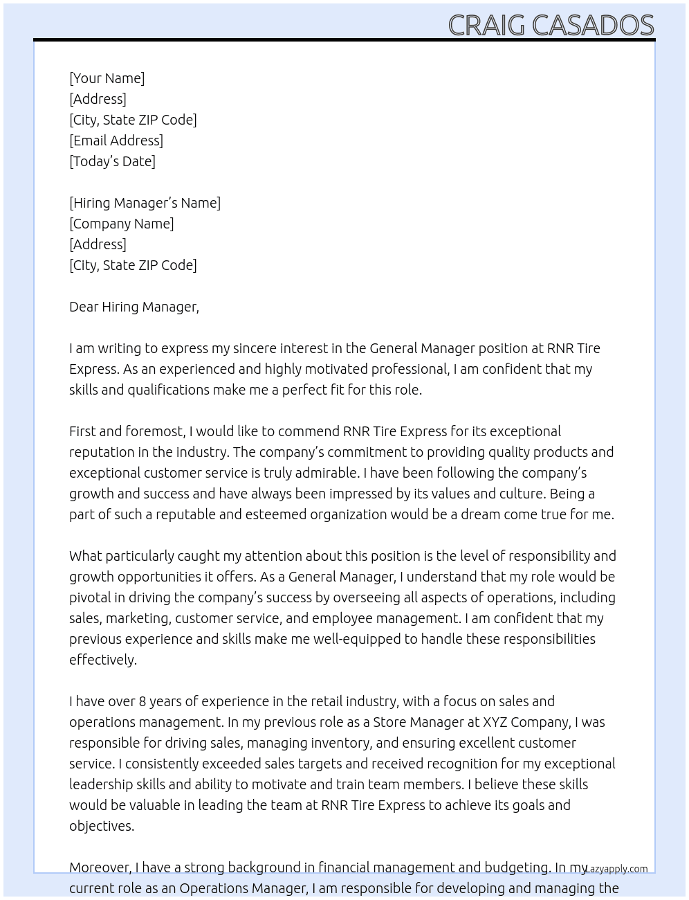 General Manager At RNR Tire Express Cover Letter