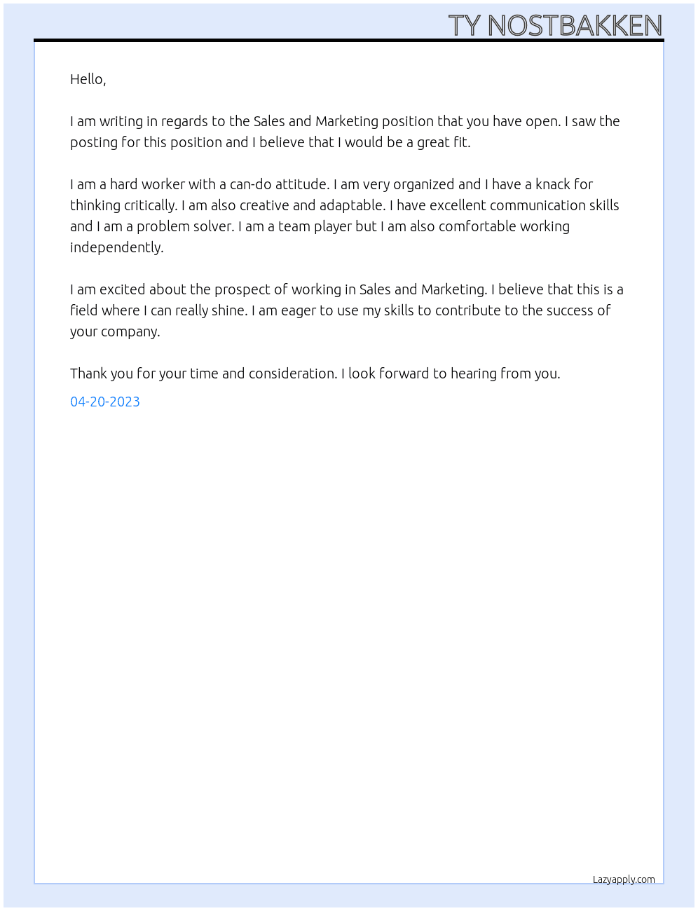 Sales and Marketing At Sales and Marketing Cover Letter