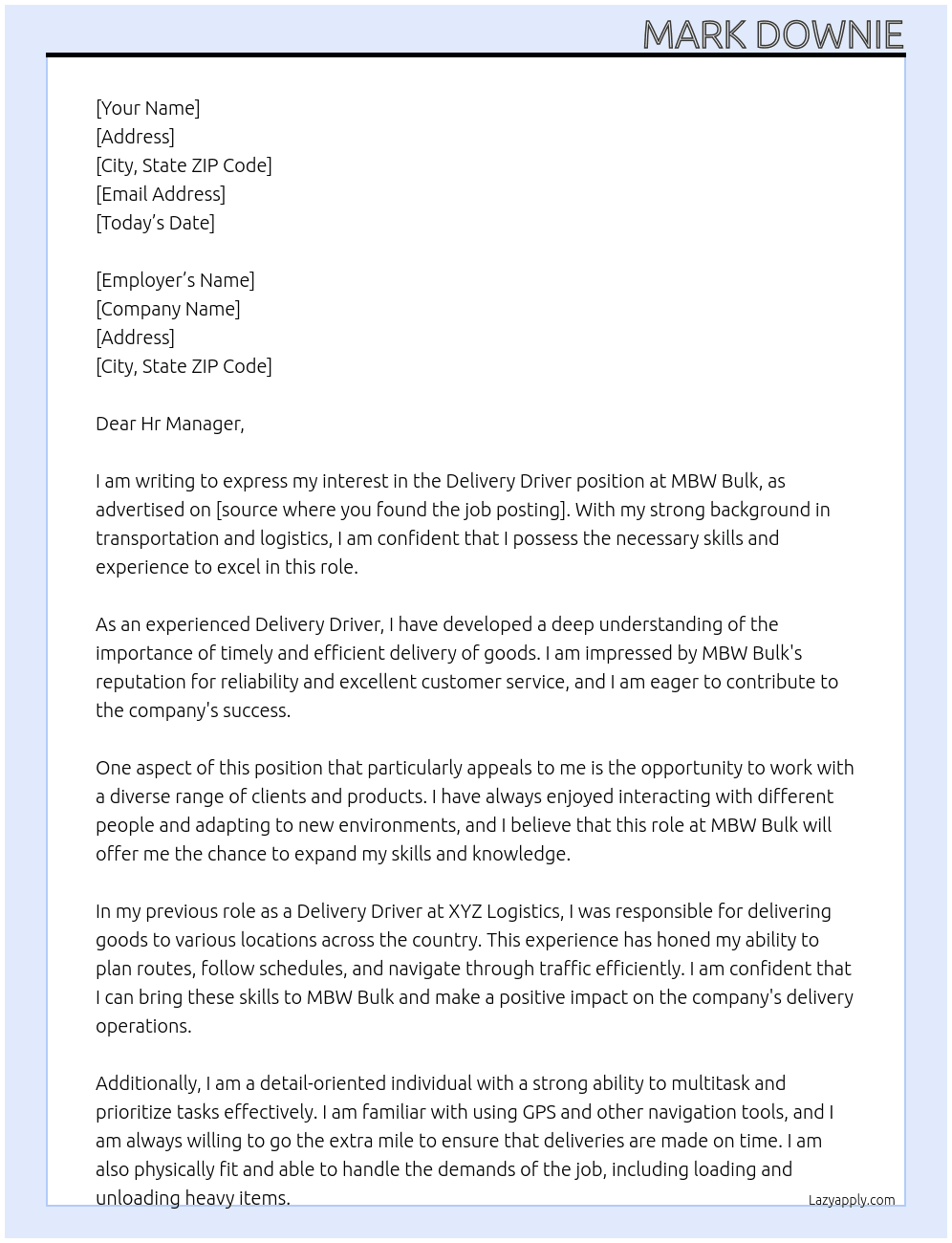Delivery driver At MBW Bulk Cover Letter
