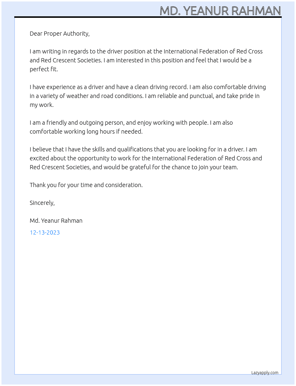 Driver At International Federation of Red Cross and Red Crescent Societies Cover Letter