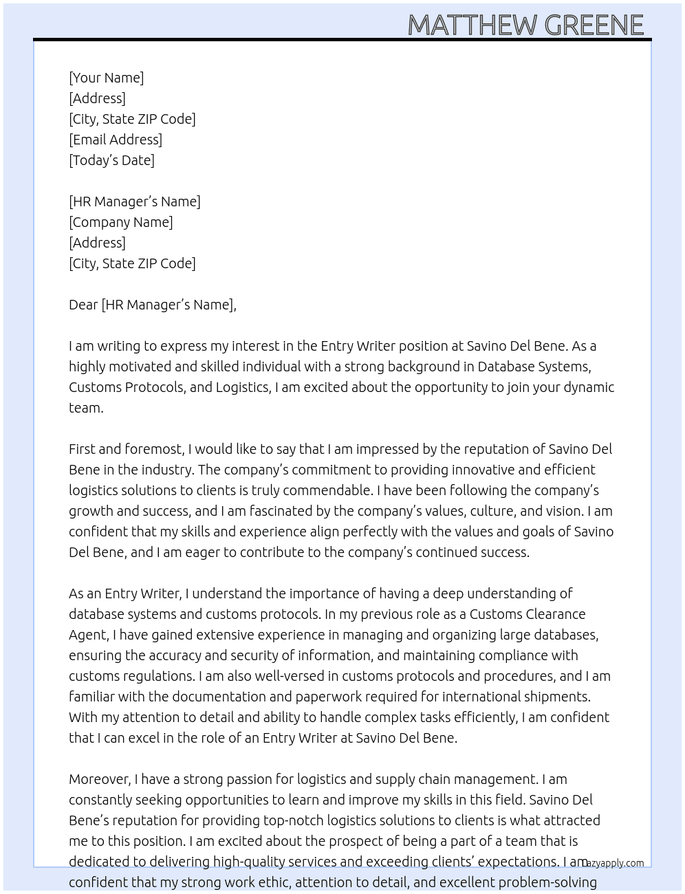 Entry Writer At Savino Del Bene Cover Letter