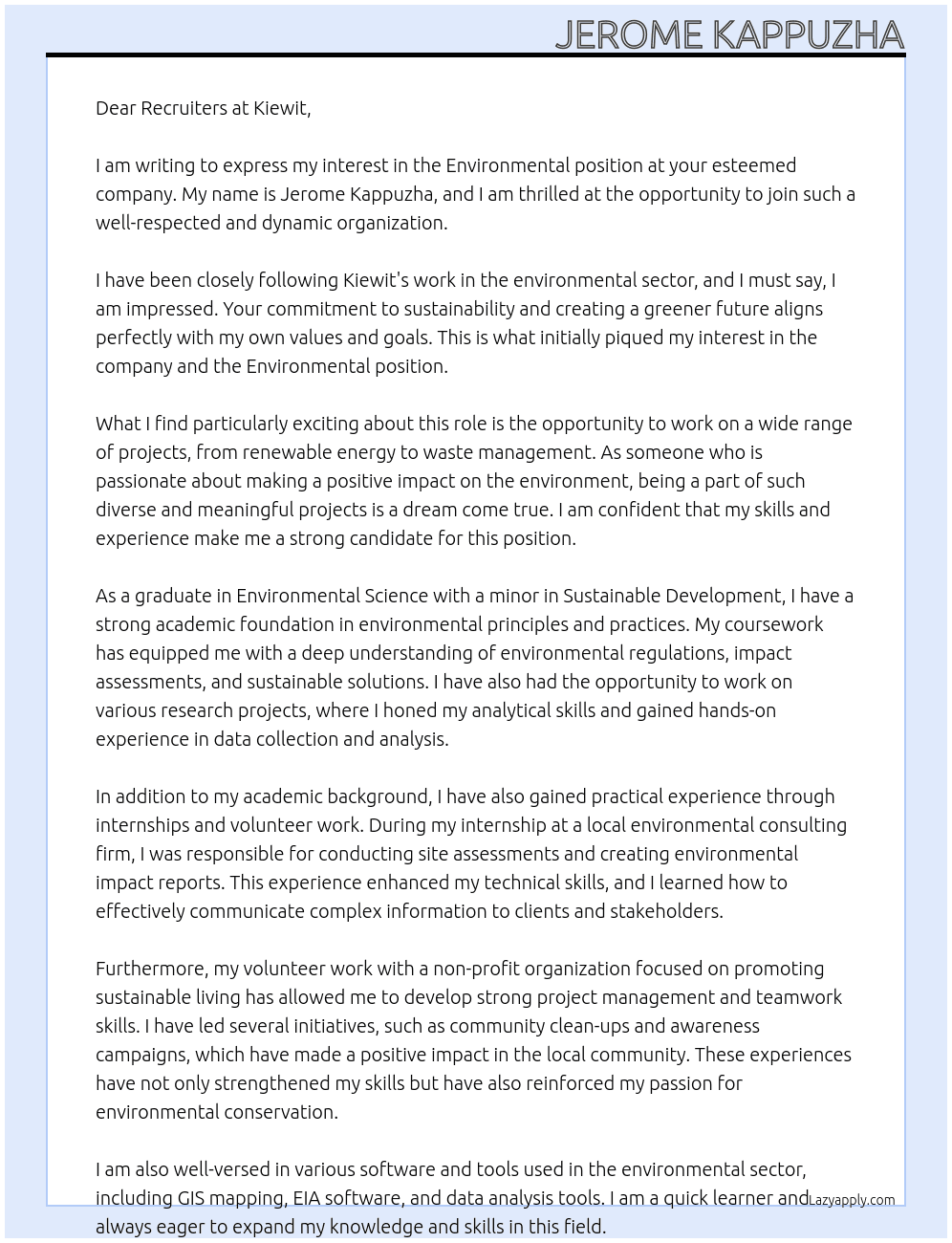 Environmental  At Kiewit Cover Letter