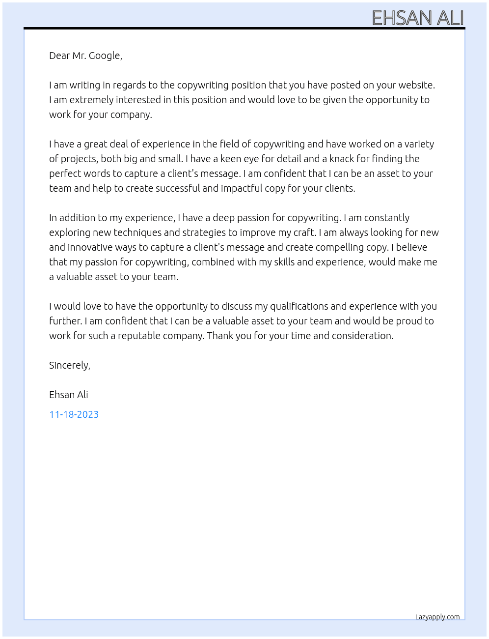 Copy writing At Google Documents Cover Letter