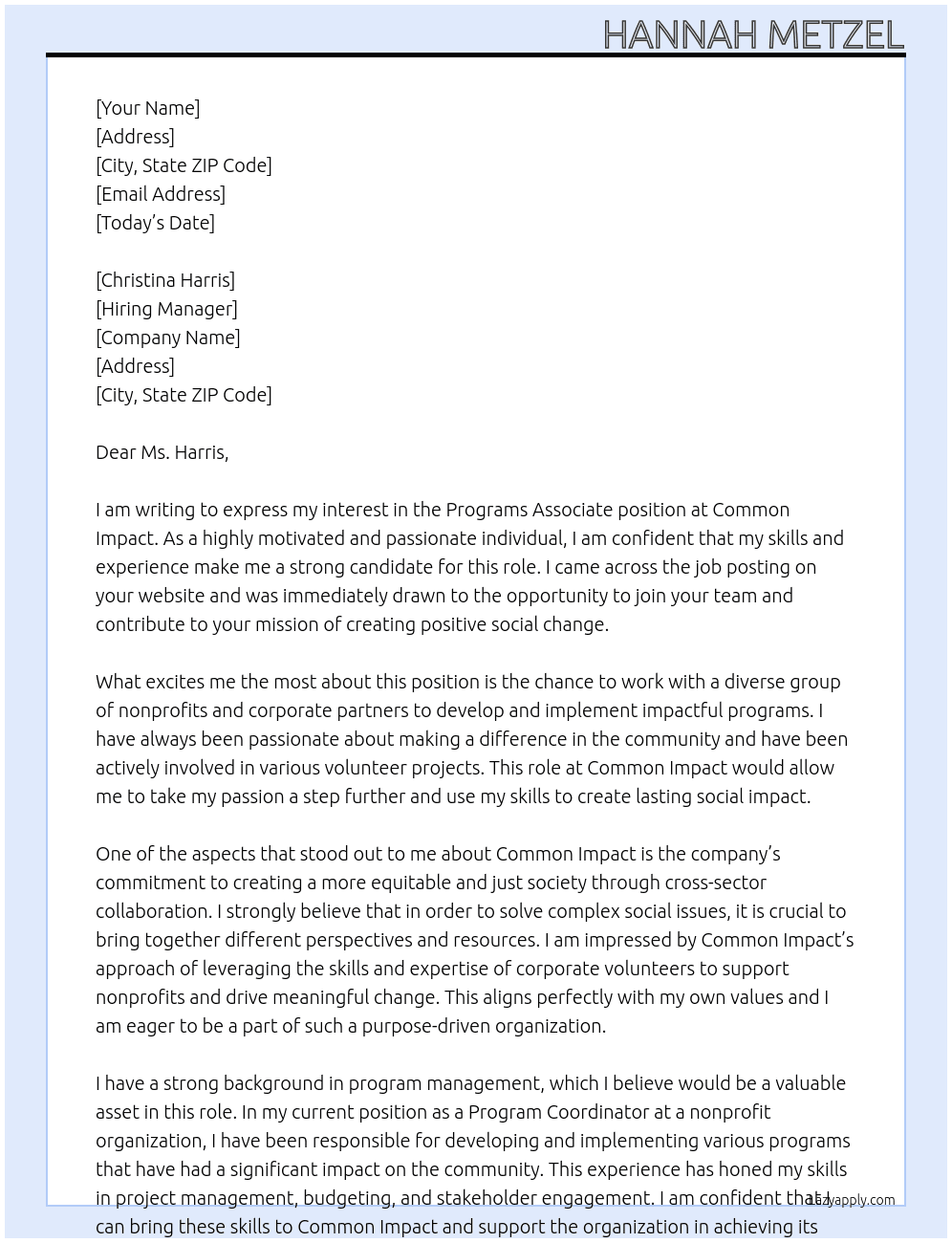 Programs Associate At Common Impact Cover Letter