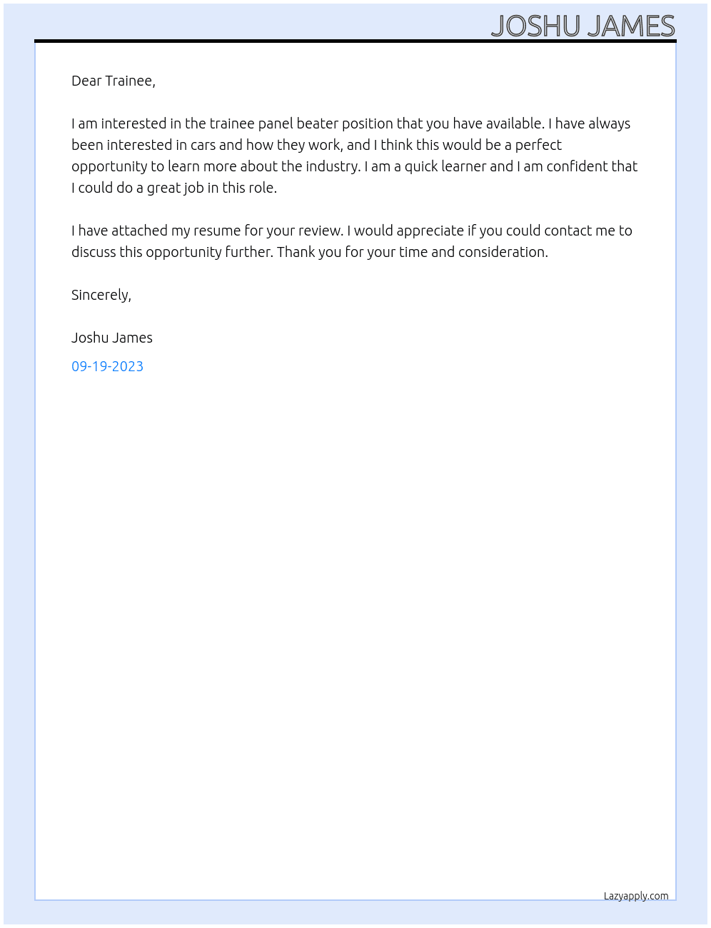 Trainee Panel Beater At Trainee Cover Letter