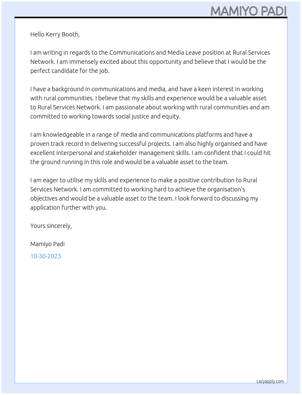 Communications and Media Leav At Rural Services Network Cover Letter