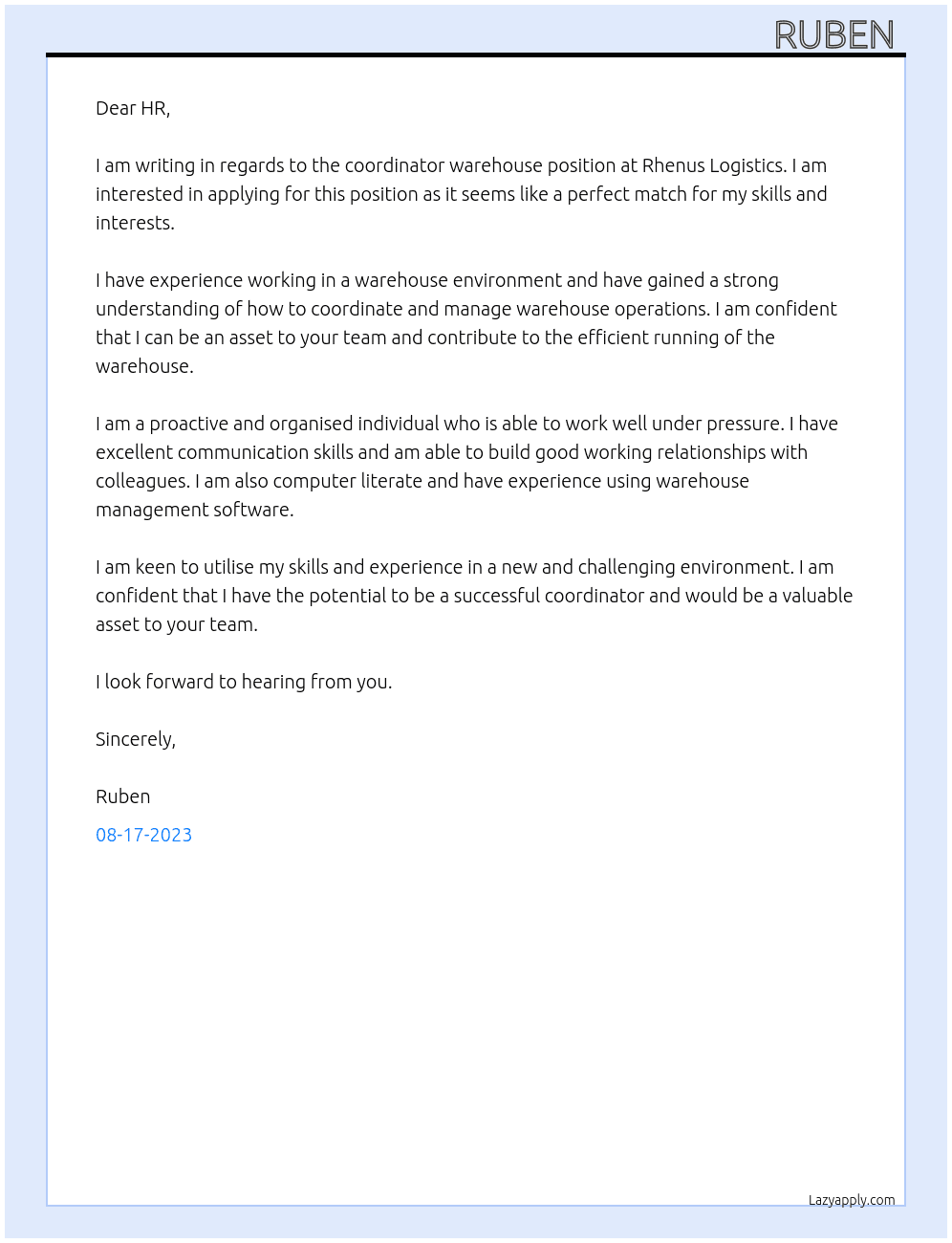 Coordinator warehouse At Rhenus Logistics Cover Letter