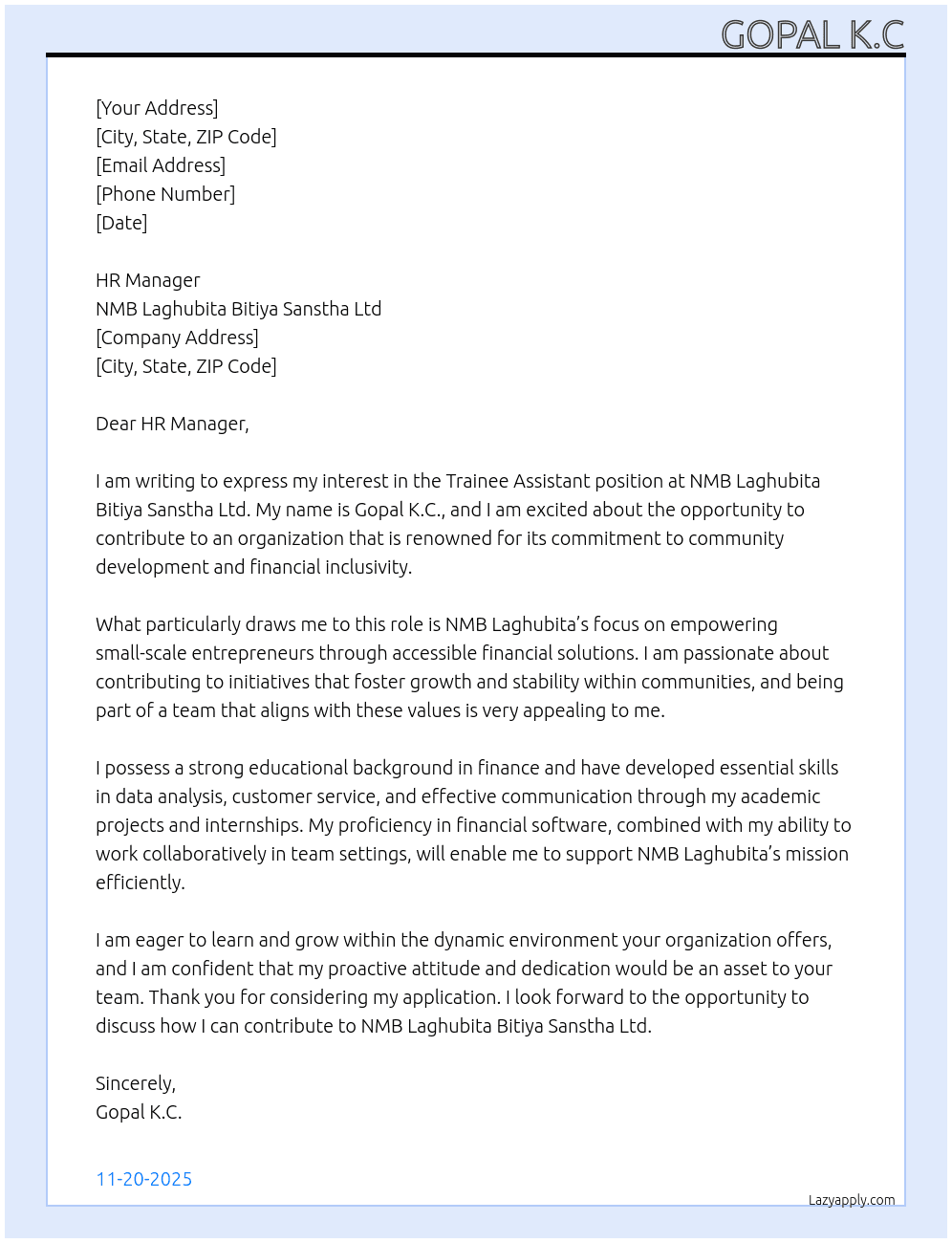 Trainee assistant  At NMB laghubita bitiya sanstha ltd Cover Letter