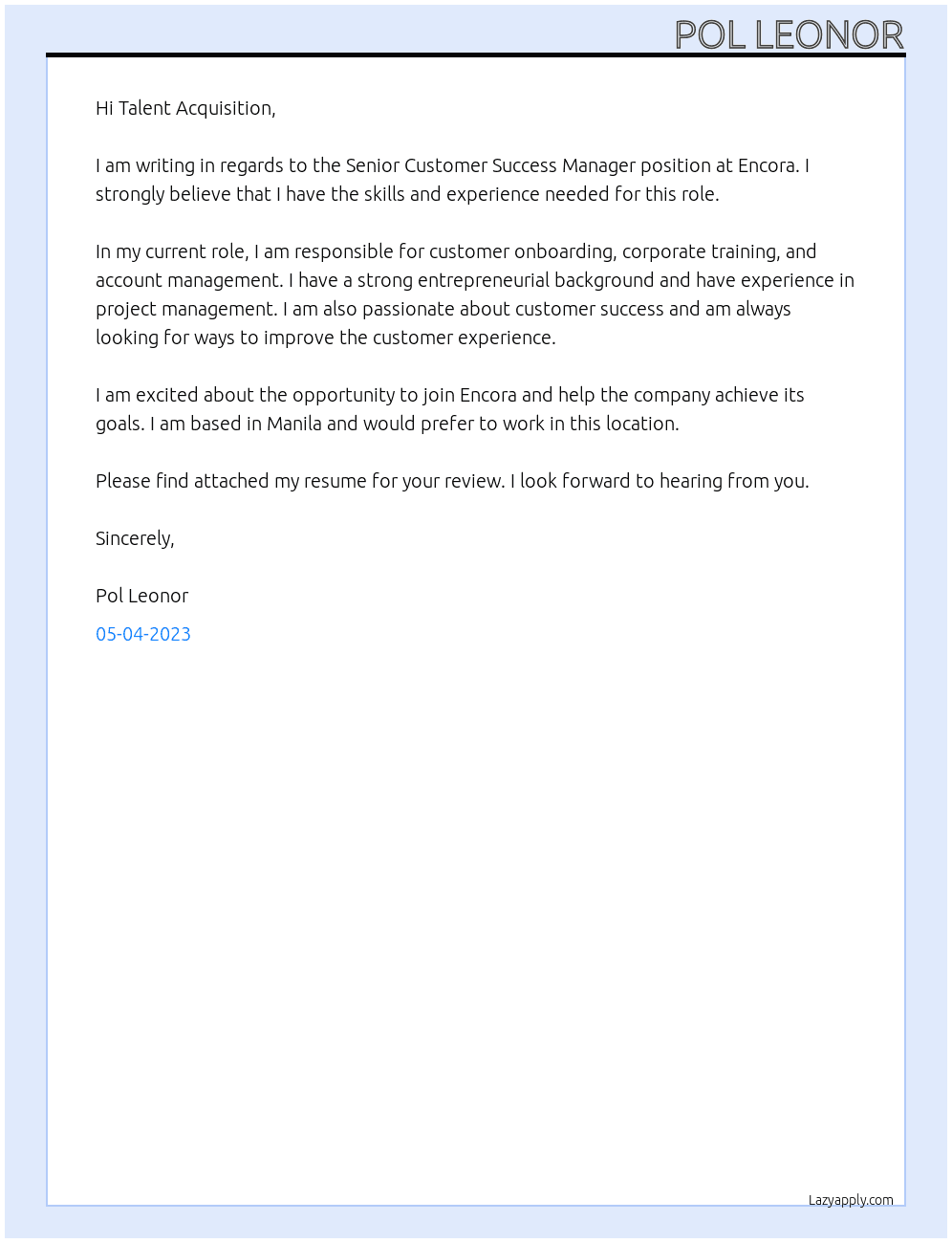 Senior customer success manager At Encora Cover Letter