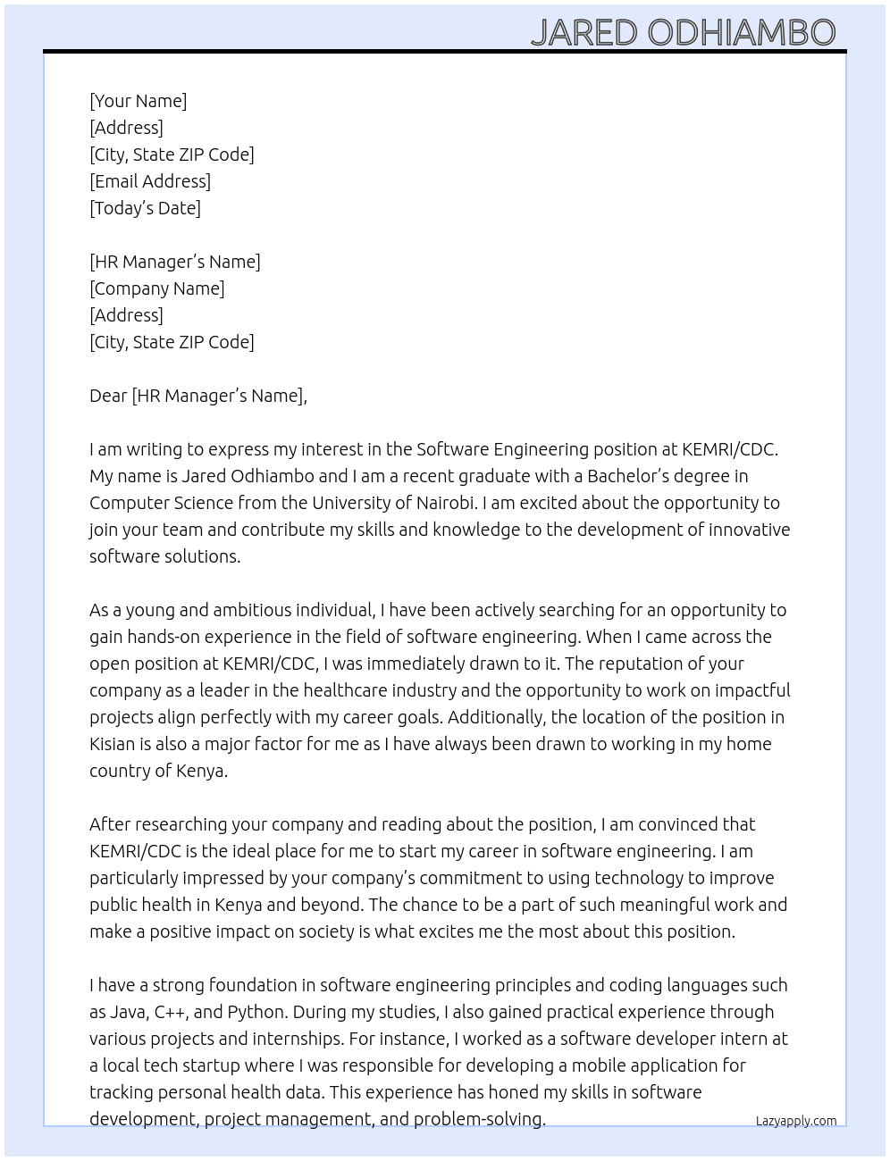 Software Engineering  At KEMRI/CDC Cover Letter