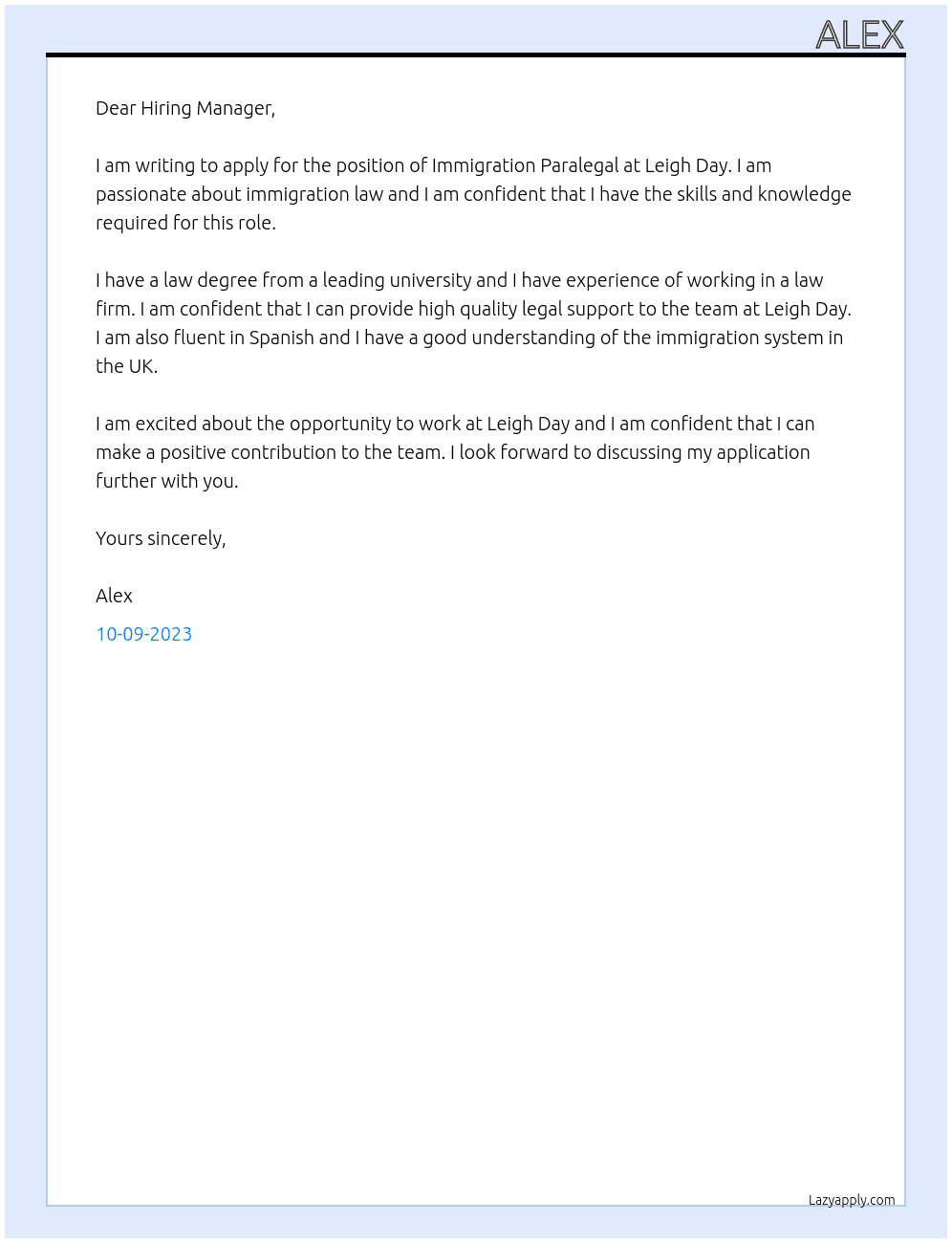 Immigration Paralegal  At Leigh Day Cover Letter