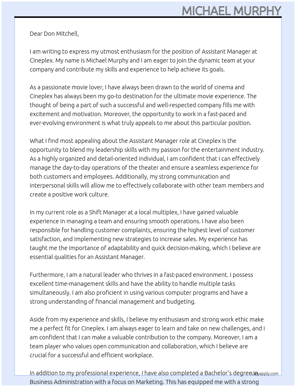Assistant Manager   At Cineplex Cover Letter