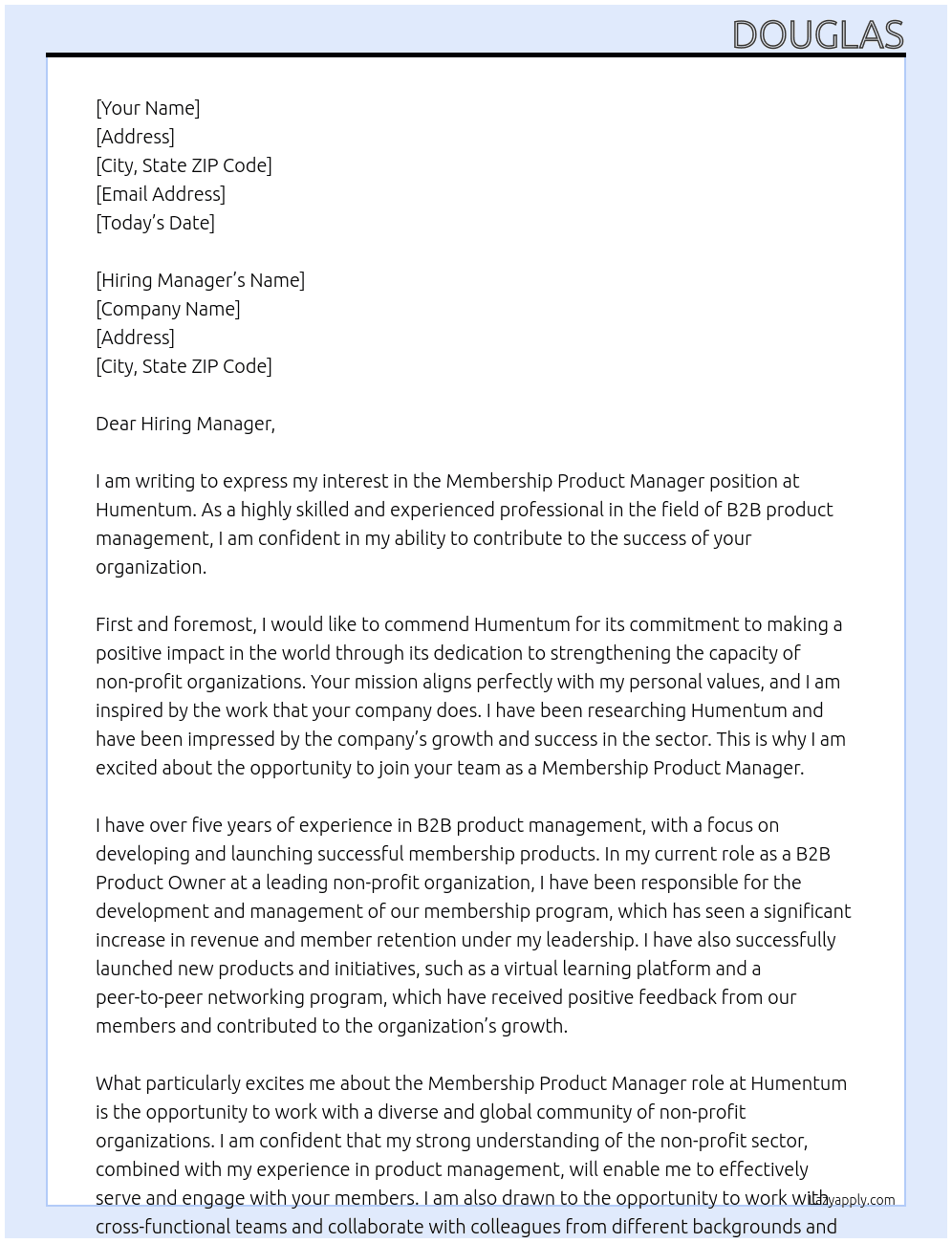 Membership Product Manager At humentum Cover Letter