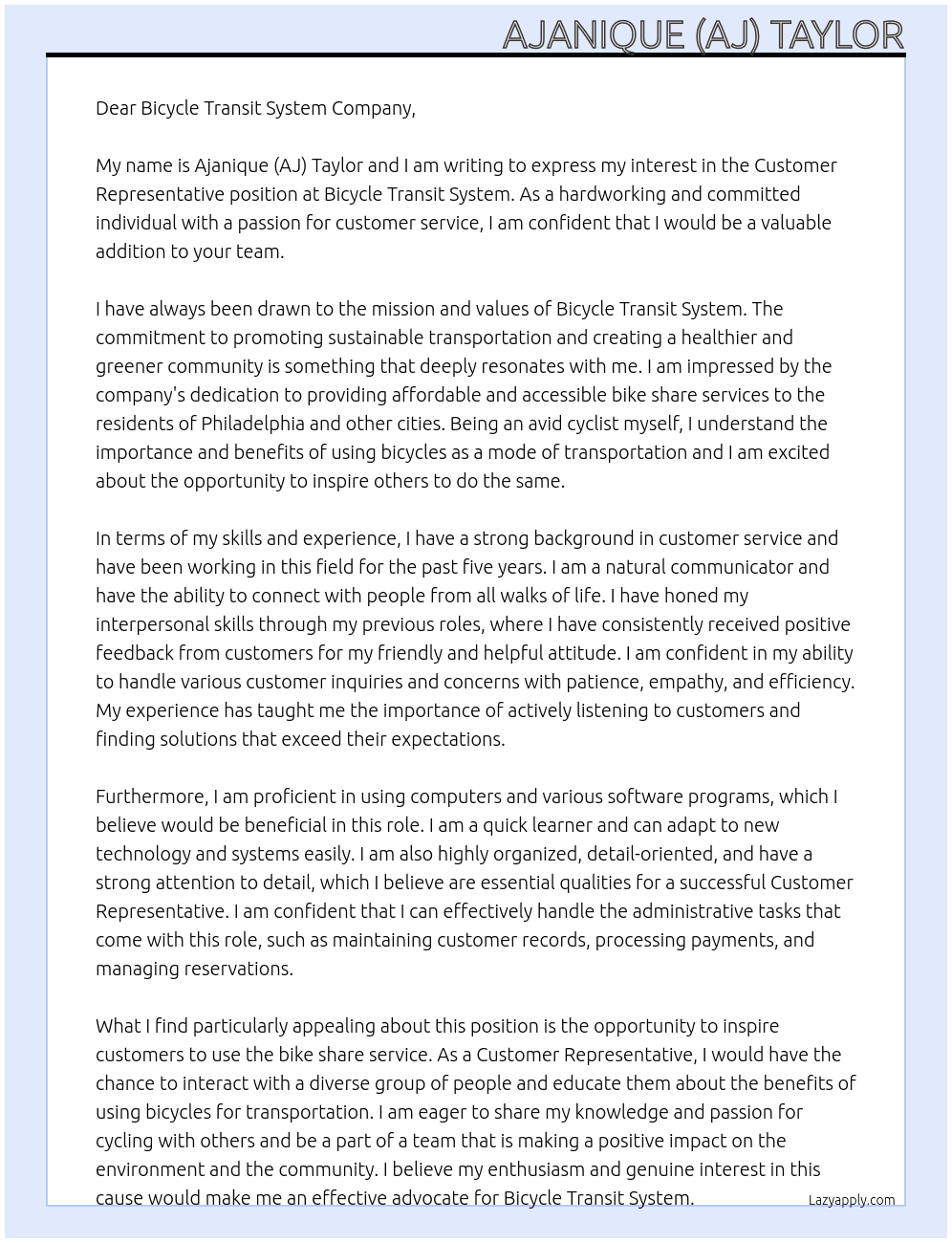 Customer Representative  At Bicycle Transit System Cover Letter