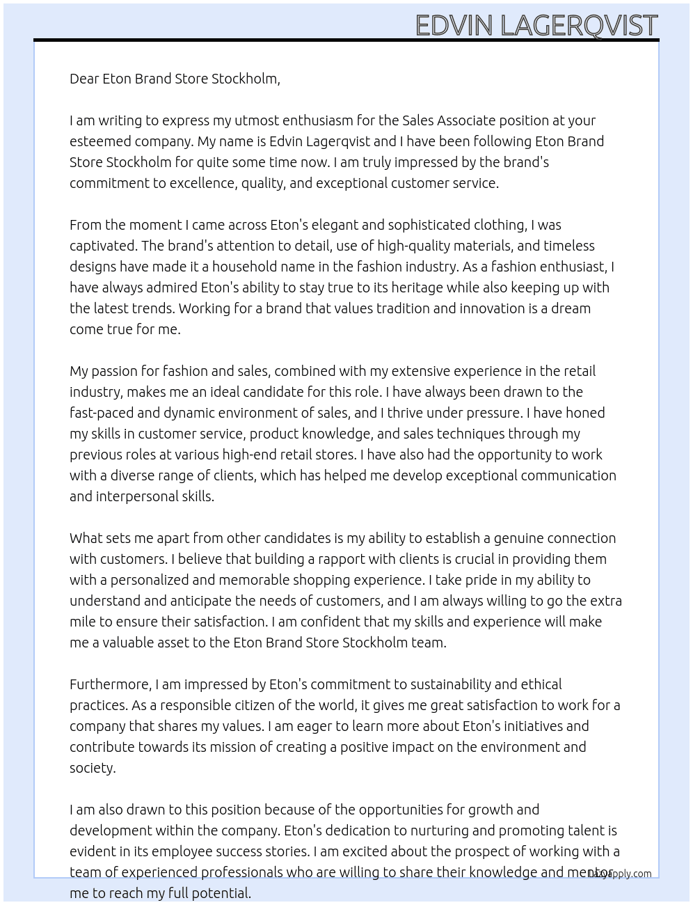 Sales Associate At Eton Brand Store Stockholm Cover Letter