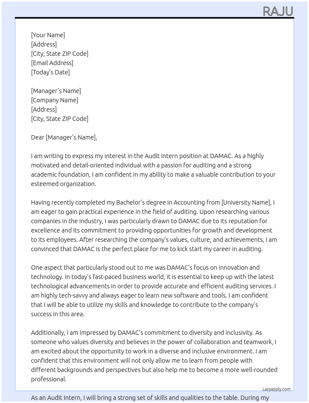 audit intern At DAMAC Cover Letter