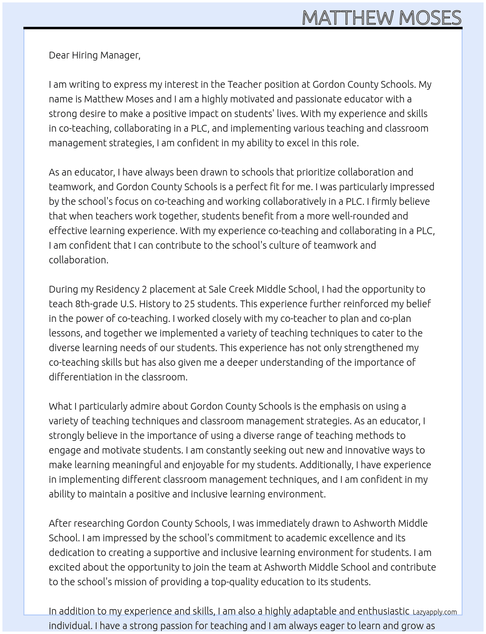 Teacher At Gordon County Schools Cover Letter