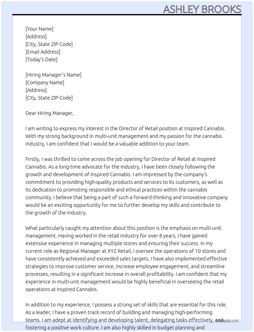 Director of Retail At Inspired Cannabis Cover Letter