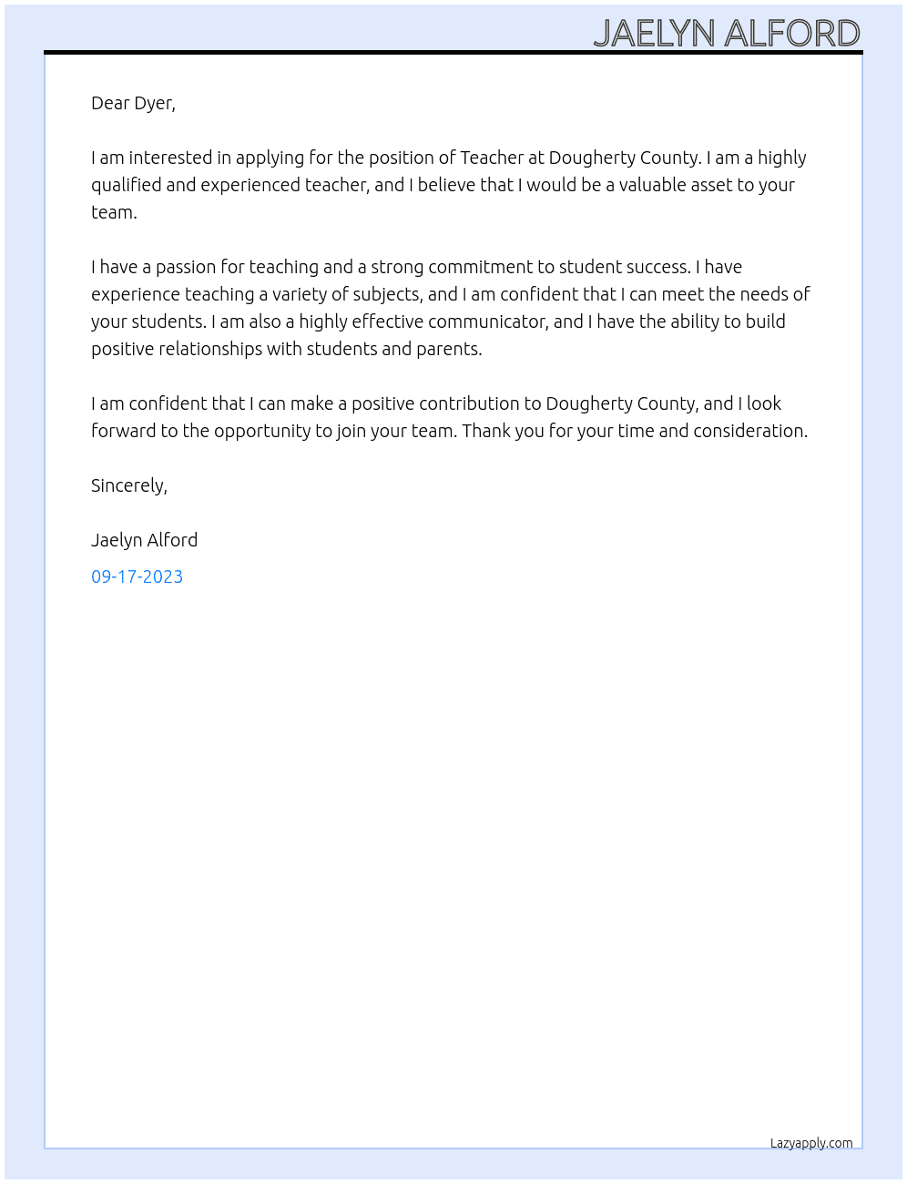 Teacher At Dougherty County Cover Letter