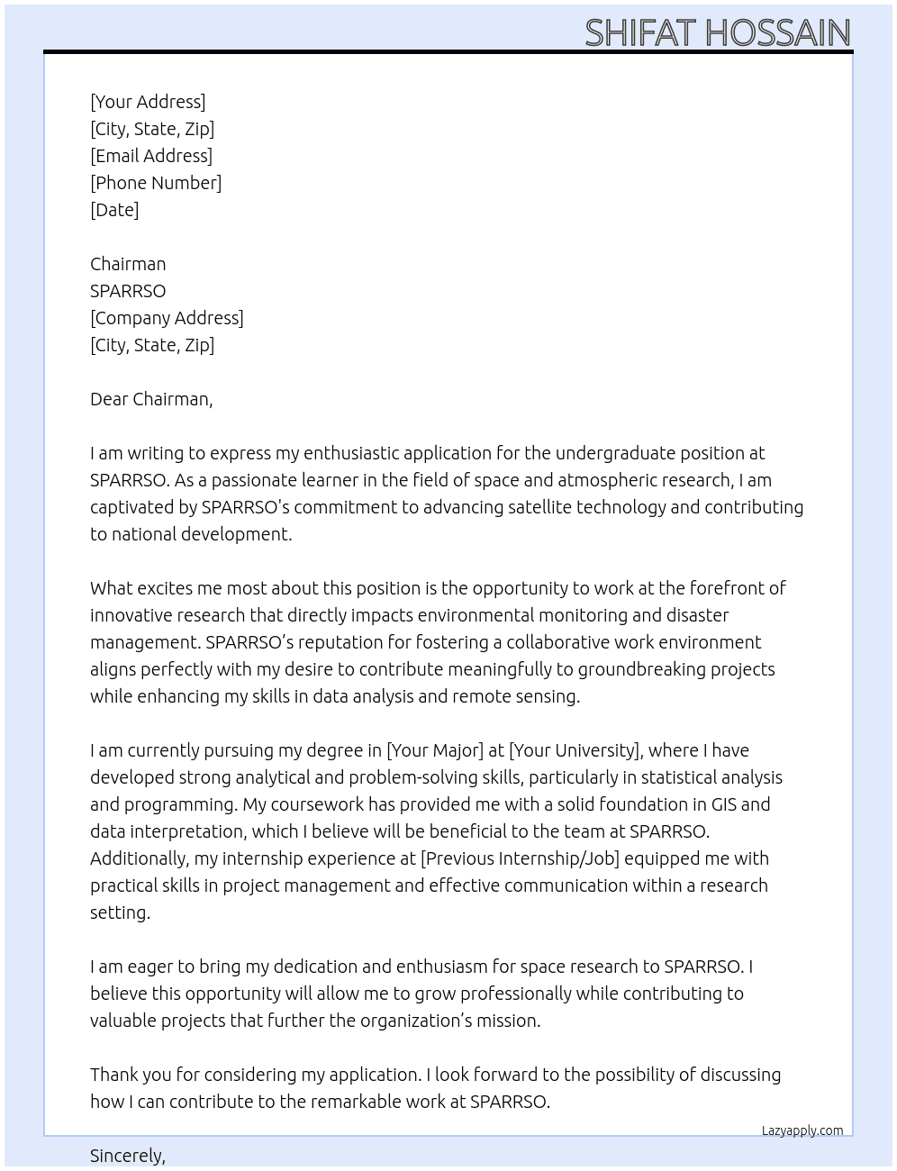 Cover letter for undergraduate - LazyApply