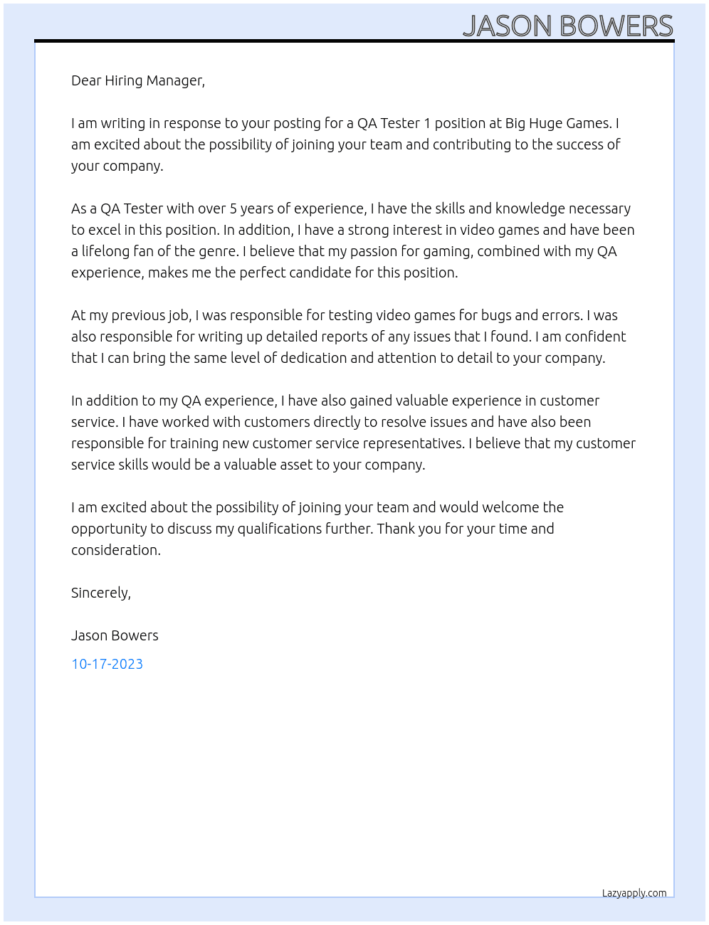 QA Tester 1 At Big Huge Game Cover Letter
