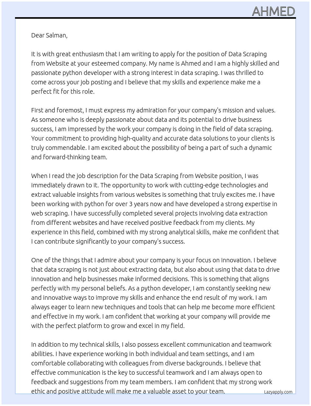 Data Scraping from Website At Salman Cover Letter