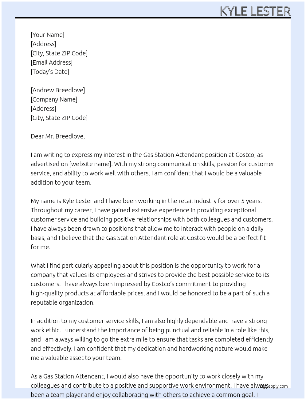 Gas Station Attendant  At Costco Cover Letter