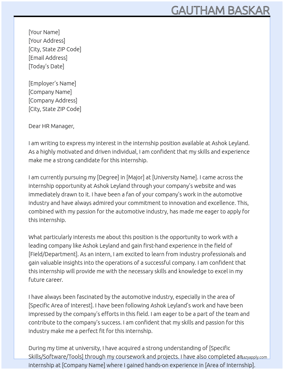 Internship request  At Ashok Leyland  Cover Letter
