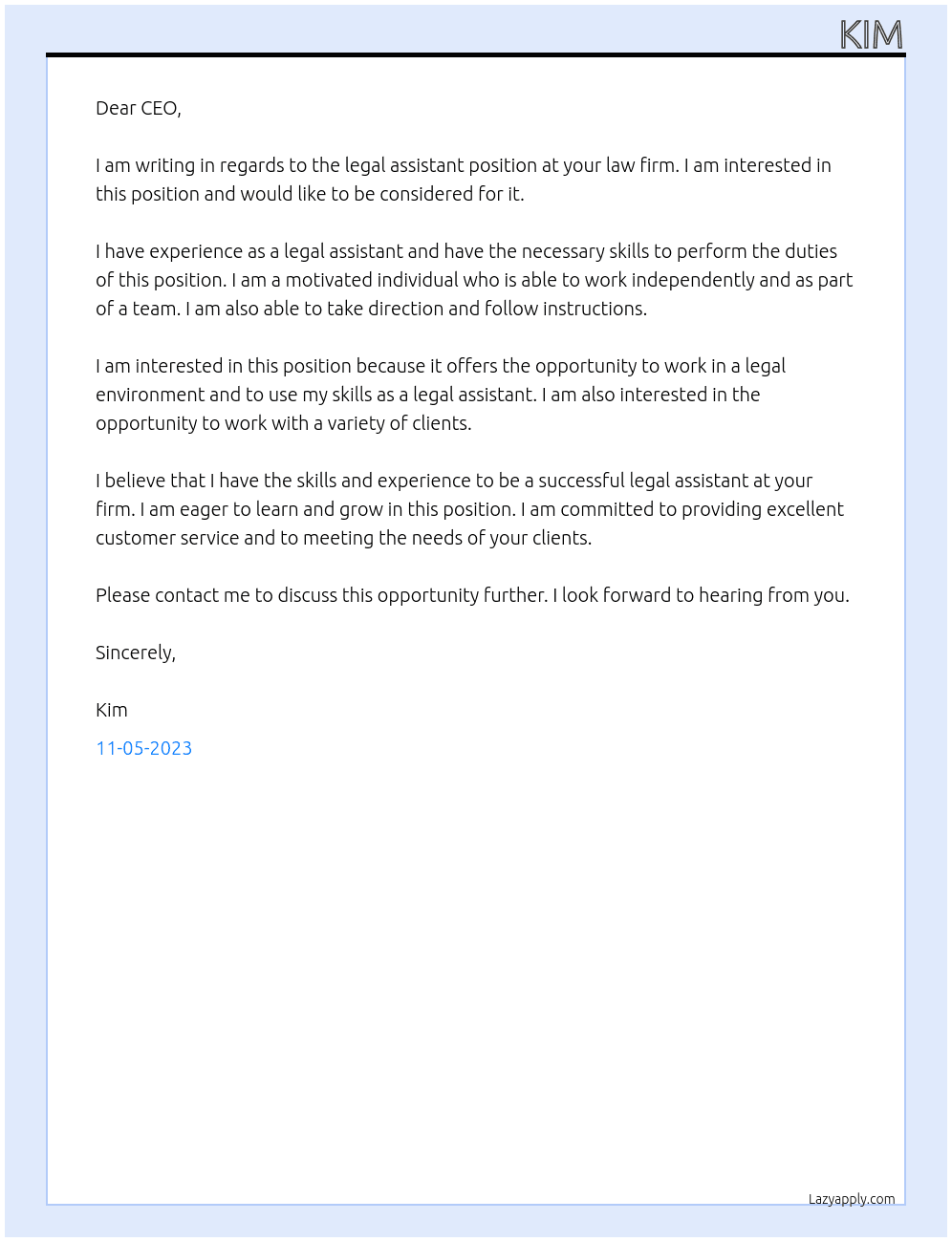 legal assistant At lawfirm Cover Letter