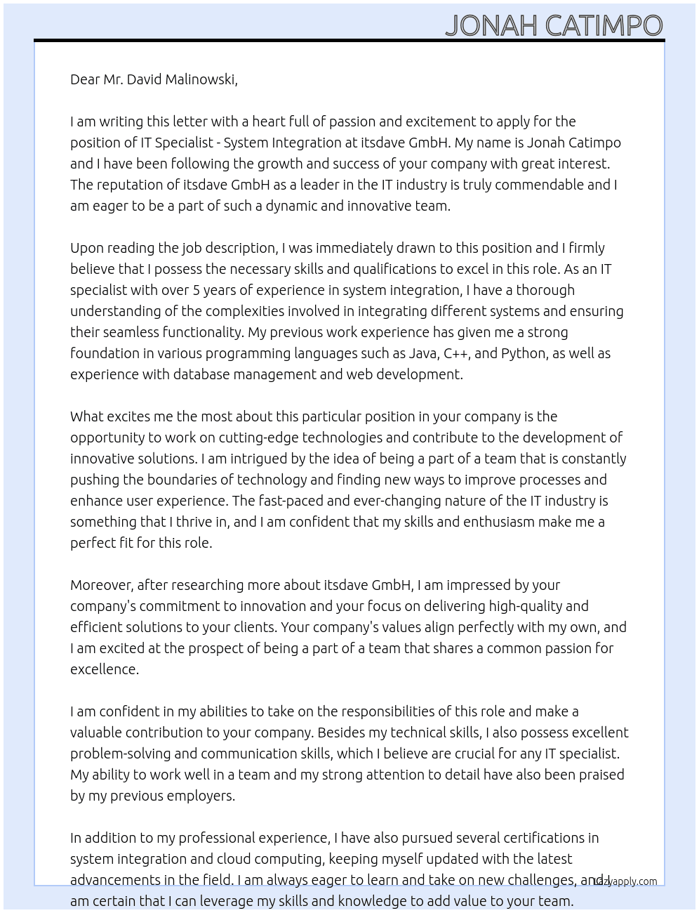 IT Specialist - System Integration At itsdave GmbH Cover Letter