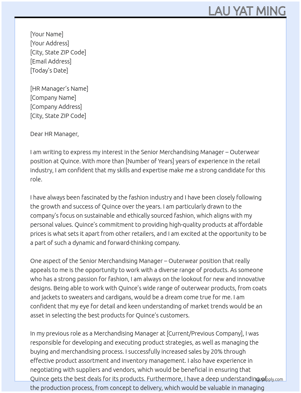 senior merchandising manager - outerwear At Quince Cover Letter