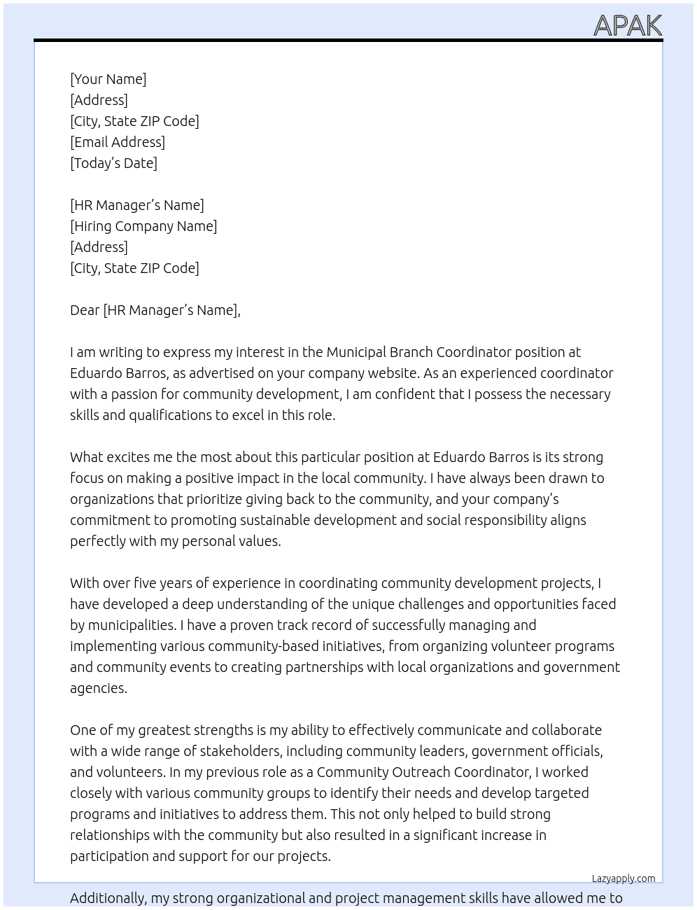 Municipal Branch Coordinator At Eduardo Barros Cover Letter