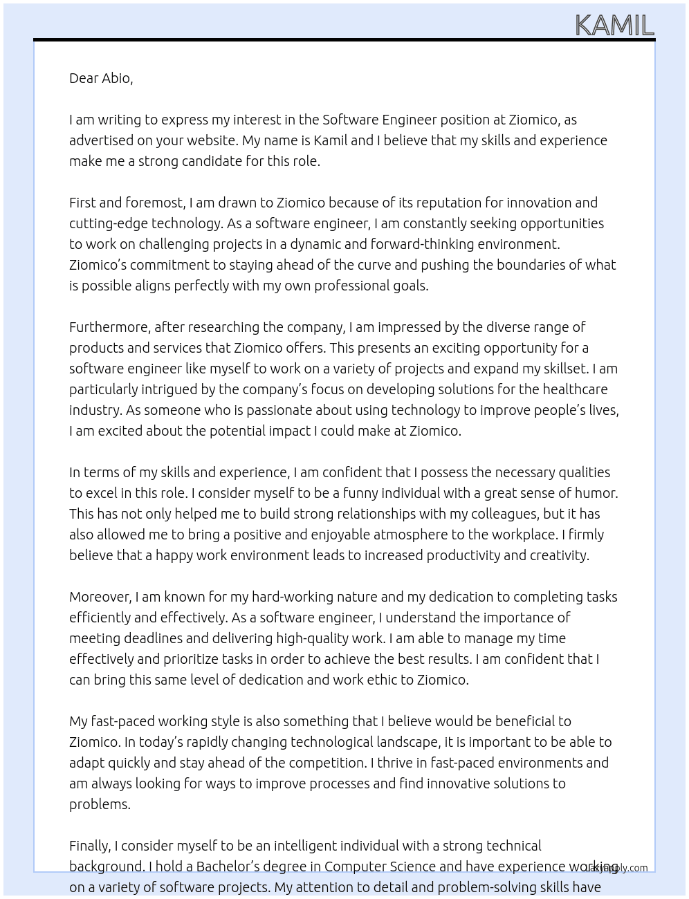 Software engineer  At Ziomico Cover Letter