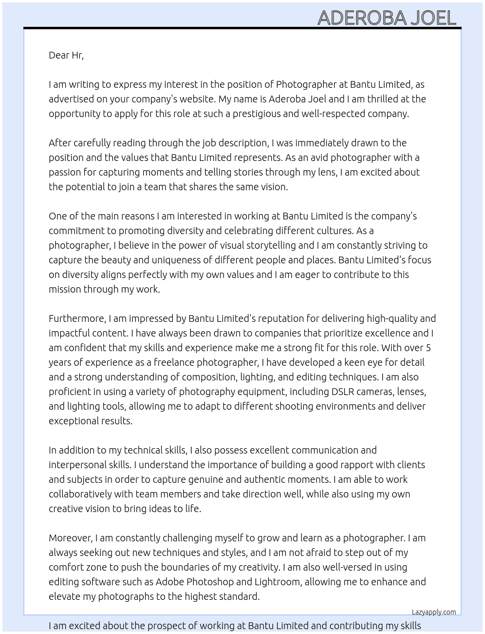 Photographer At Bantu limited  Cover Letter