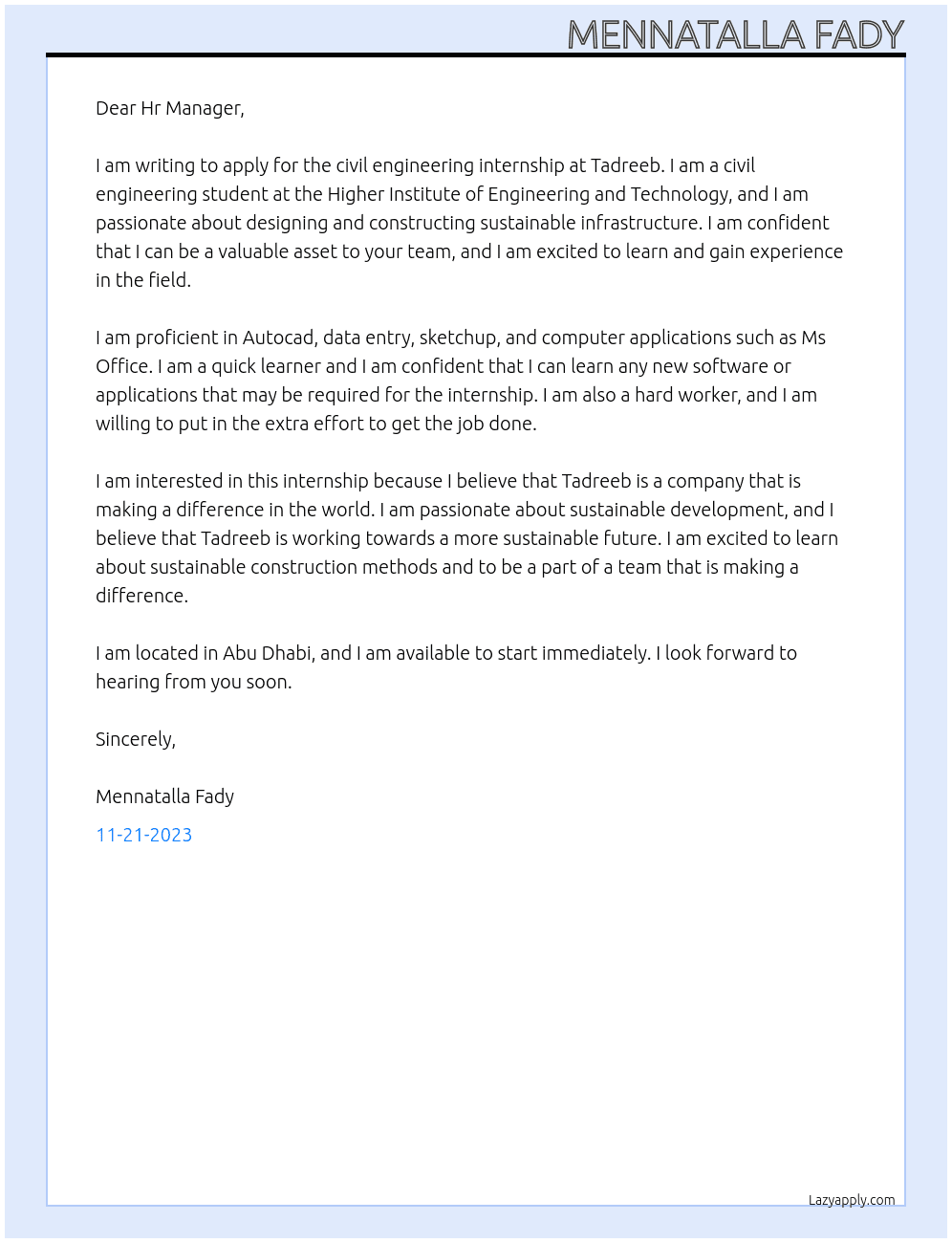 Civil engineering internship At Tadreeb Cover Letter