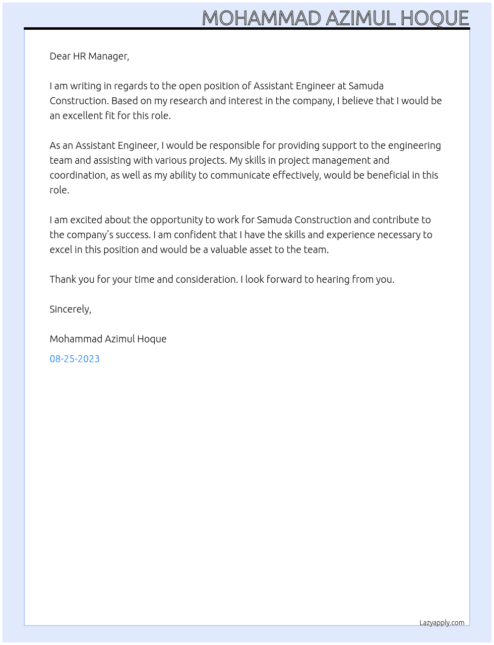 Assistant Engineer  At Samuda Construction  Cover Letter