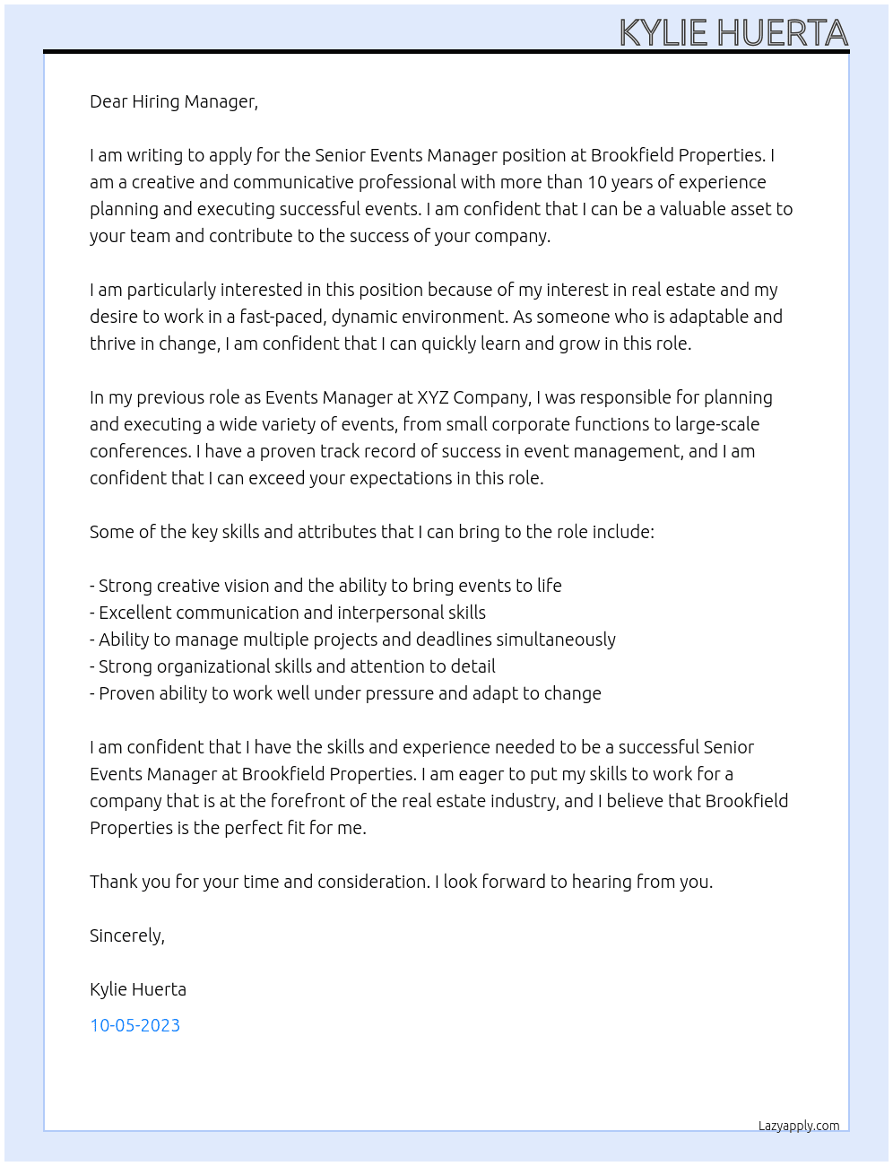 Senior Events Manager At Brookfield Properties Cover Letter