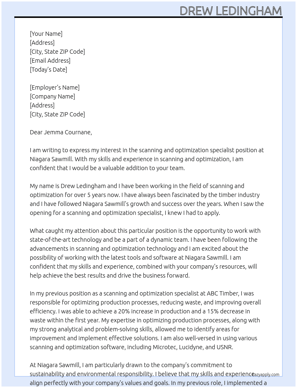 scanning and Optimisation Specialist At Niagara Sawmill Cover Letter