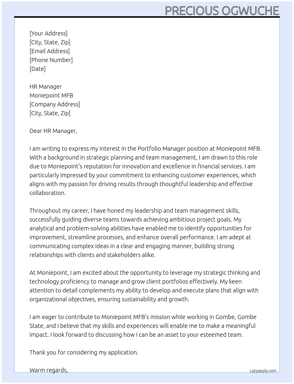 Portfolio manager  At Moniepoint MFB Cover Letter