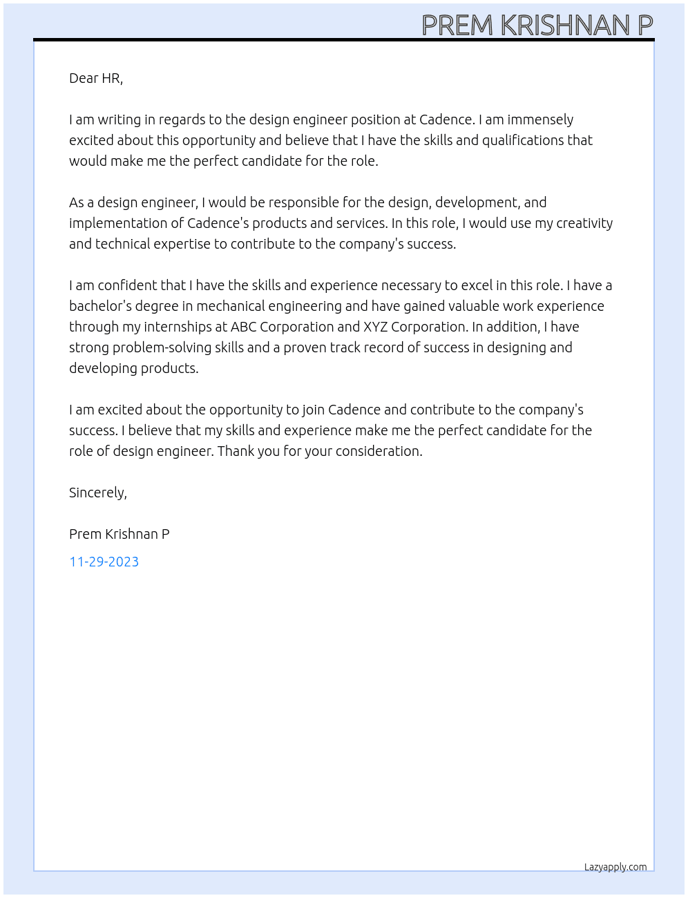 design engineer At Cadence Cover Letter