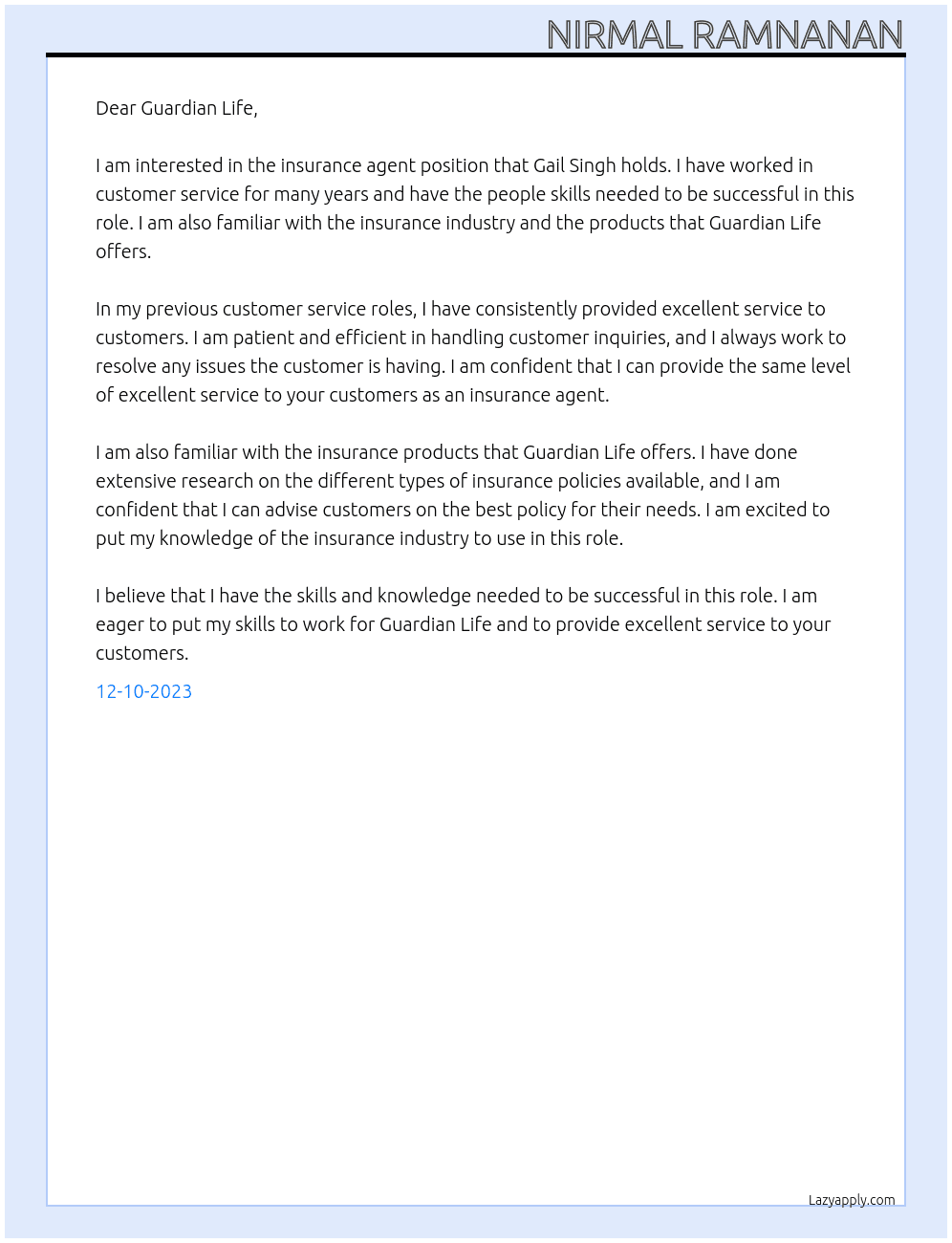 Insurance Agent At Guardian Life Cover Letter