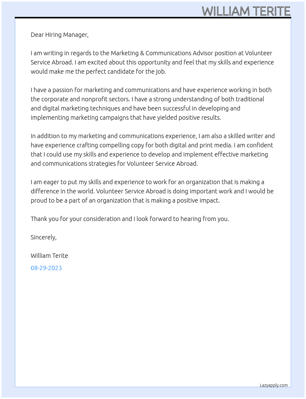 Marketing & Communications Advisor At Volunteer Service Abroad Cover Letter