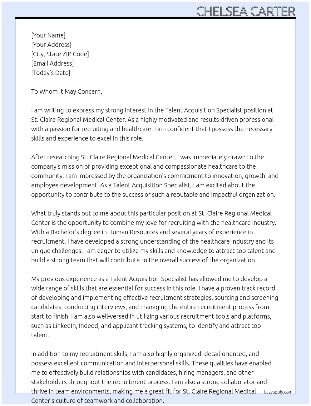Talent Acquisition Specialist At St. Claire Regional Medical Center Cover Letter