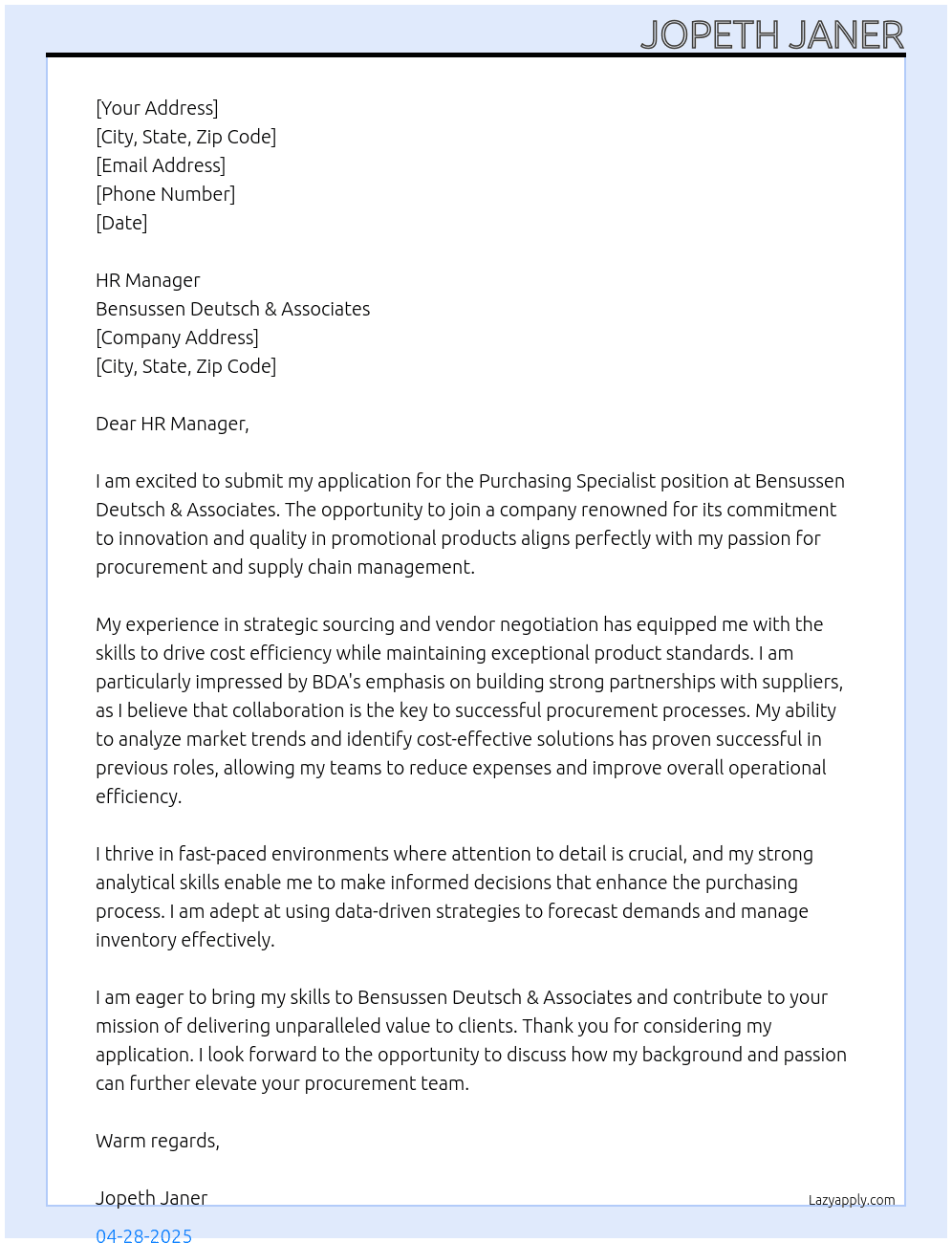 Purchasing Specialist At Bensussen Deutsch & Associates Cover Letter