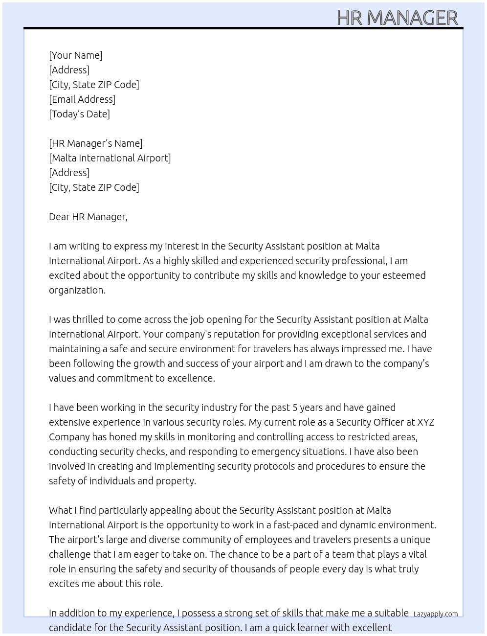 Security Assistant  At Malta International Airport  Cover Letter
