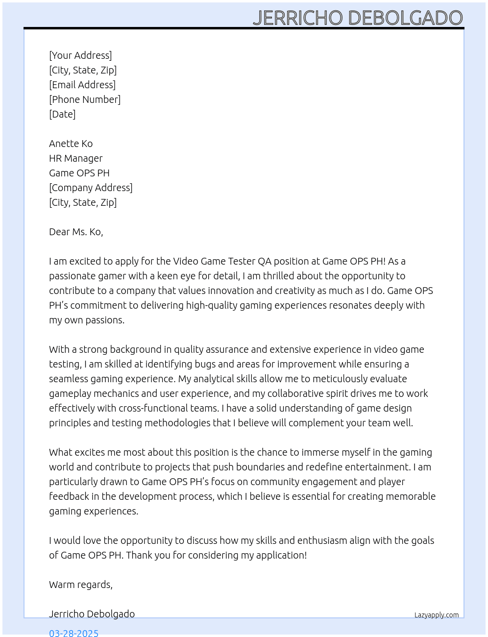 Video Game Tester QA At Game OPS PH Cover Letter